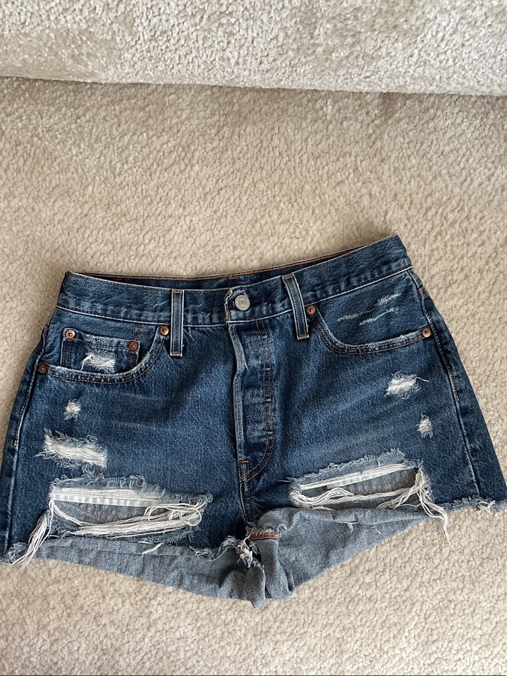 Levi's Distressed Dark Blue Denim Cutoff Shorts